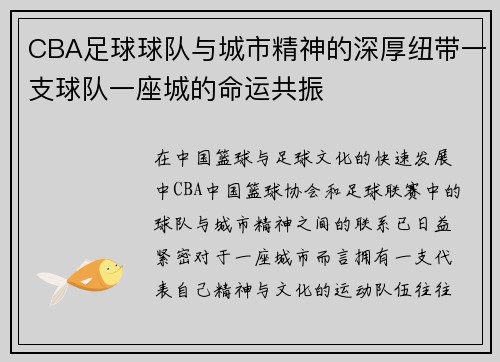 CBA足球球队与城市精神的深厚纽带一支球队一座城的命运共振