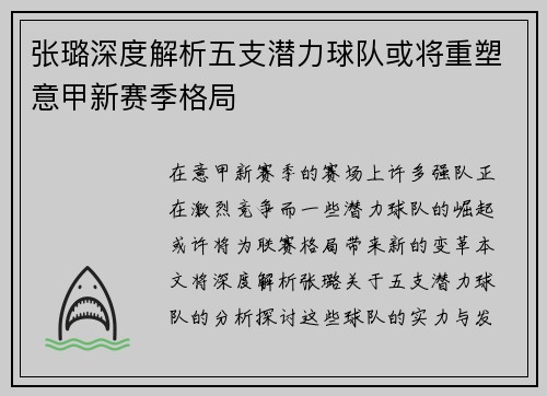 张璐深度解析五支潜力球队或将重塑意甲新赛季格局